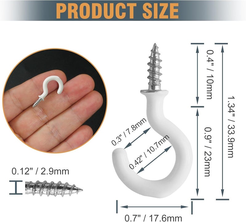 Jamiikury 50Pcs White Cup Hooks, 7/8 Inch Ceiling Hooks Metal Screw-in Hooks Vinyl Coated Screw Hooks Mini Hooks for Decorative Craft Hanging Things - Image 4